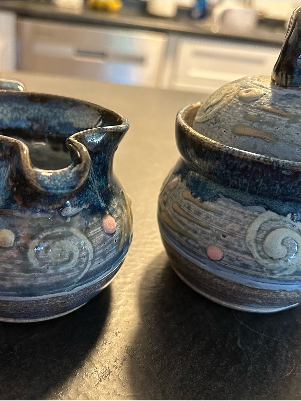 Handmade Ceramic Sugar and Creamer Set in Blue and Brown